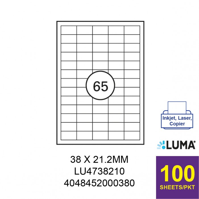 LUMA LU4738210 LABEL FOR INKJET / LASER / COPIER 100 SHEETS/PKT WHITE 38X21.2MM